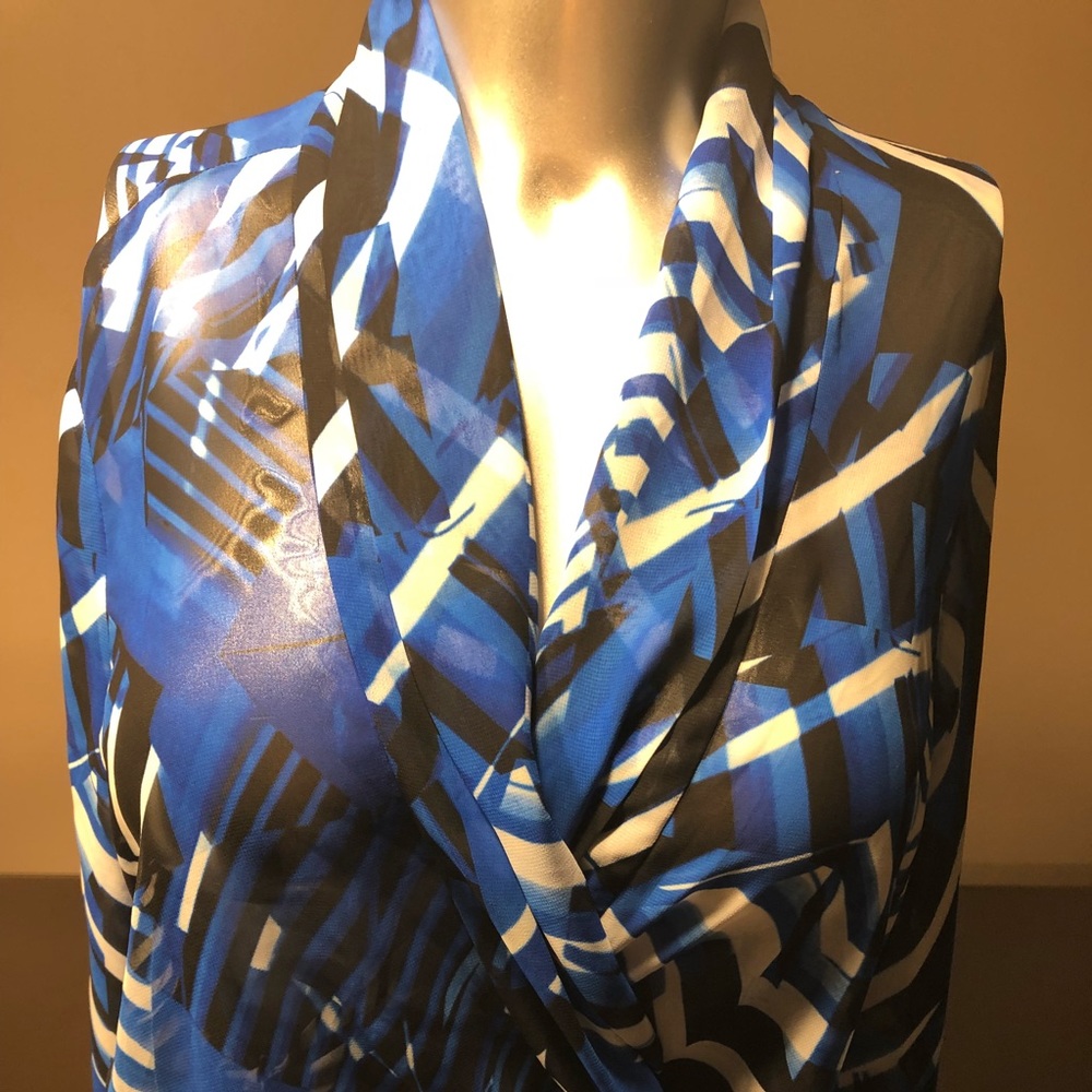 Long sleeve black and blue sheer bebe top.